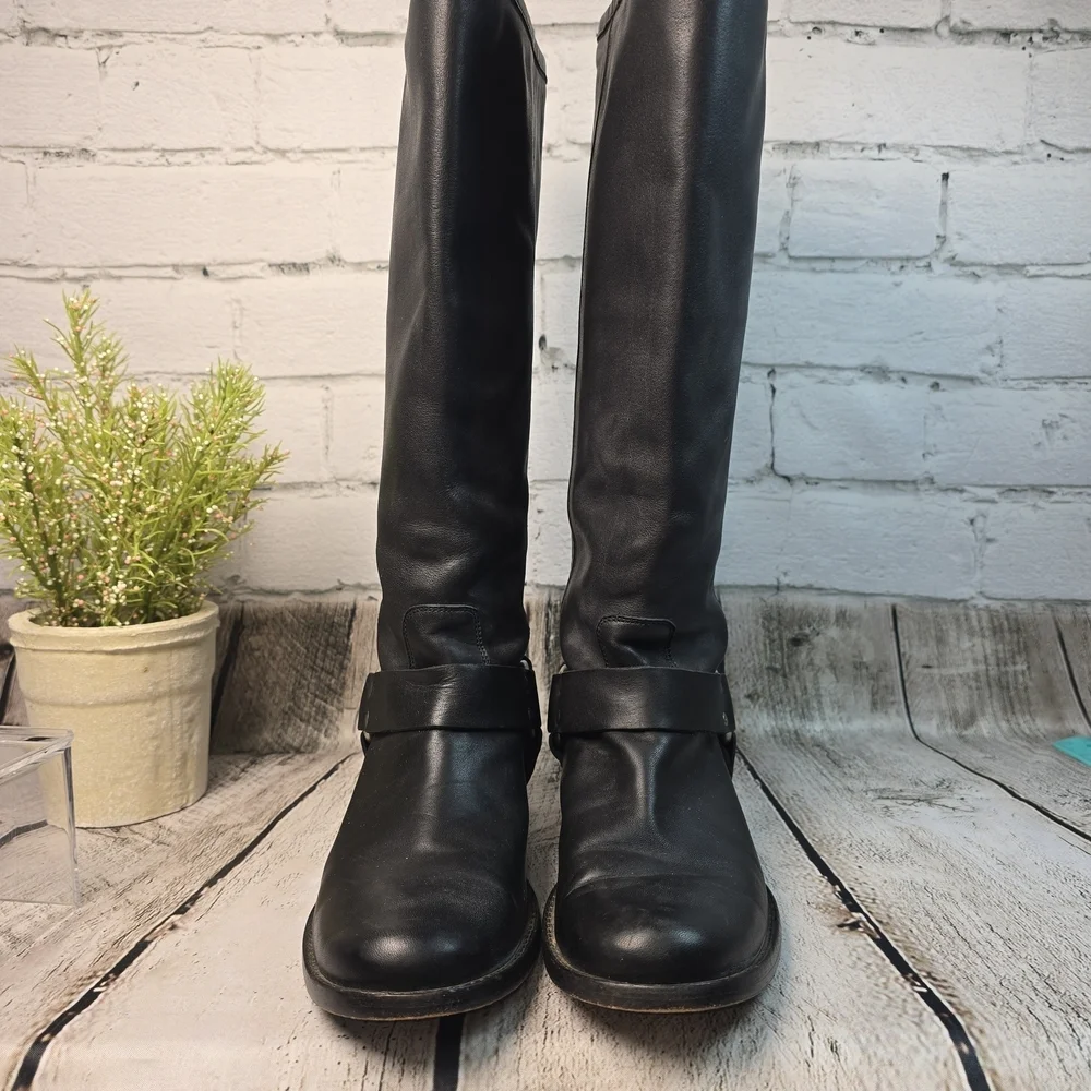 FRYE PHILLIP HARNESS TALL BLACK LEATHER BOOT FULL ZIP BIKER WOMENS 6 EUC
